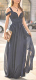 Navy Blue Off-The-Shoulder Long Chiffon Formal With Straps Sleeves Modest Bridesmaid Gown