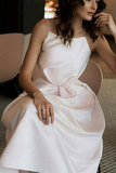 A-Line Tea-Length White Prom Dress with Pockets