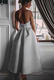 A-Line Tea-Length White Prom Dress with Pockets