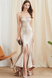 Champagne Long Mermaid Prom Dress with Sequins