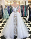 Sheath Spaghetti Straps White Detachable Train Prom Dress with Appliques, Quinceanera Dresses STI15373