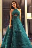 Unique A Line Green Halter Beading Satin Long Prom Dresses, Cheap Evening Dresses STI15451