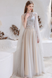 Gorgeous A-line Grey Prom Dress Pearl Long Evening Dress