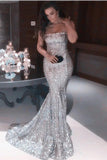 Sexy Mermaid Sequins Strapless Long Evening Dresses, Simple Prom STI20437