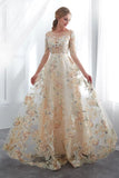 Charming A Line Floral Scoop Prom Dresses 3/4 Sleeves Empire Waist Long Evening Gowns STI15088