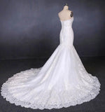 Charming Strapless Sweetheart Mermaid Lace Appliques White Wedding Dresses STI15128