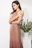 Ombre Sequins Halter Trumpet Skirt Train Evening Dress