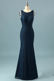 Simple Mermaid Prom Dress Navy Blue Lace Evening Dress