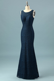 Simple Mermaid Prom Dress Navy Blue Lace Evening Dress