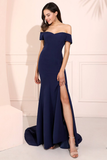 Off-the-Shoulder Navy Blue Long Mermaid Prom Dress