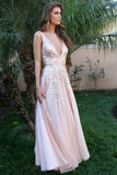 Deep V-Neck Pink A-Line Sparkly Long Prom Dresses PCN87573