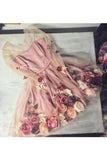 A-Line V Neck Hand-Made Flower Homecoming Dress Unique Short Long Sleeve P9NM3NXK