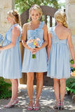 One Shoulder Light Sky Blue Short A-Line Knee Length Bridesmaid Dresses P6DLCAZB