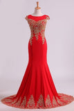 2024 Red Prom Dresses Scoop Mermaid With Applique Spandex P49R8758