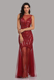 See Through Burgundy Mermaid Bateau Prom Dresses with Beading Tulle Party Dresses STI15324