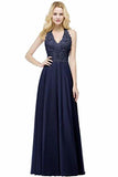 Lace Chiffon Prom Dresses Beading Applique A Line V Neck P2C3FLSL