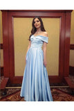 Off The Shoulder Blue Satin Long Modest Prom Dresses PKGBACKD