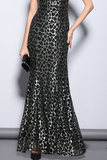 Long Black Leopard Off-the-Shoulder Prom Dress