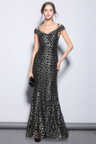 Long Black Leopard Off-the-Shoulder Prom Dress