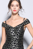 Long Black Leopard Off-the-Shoulder Prom Dress