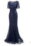 Glitter Navy Blue Sequin Formal Dress Long Prom Dress