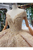 Ball Gown Wedding Dresses V Neck Cap Sleeves Top Quality Appliques P4RMQLJJ