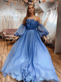 A Line Formal Evening Dresses Blue Organza Long Sleeves Strapless Prom Dresses