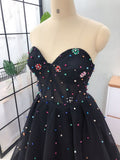 Elegant A Line Sweetheart Strapless Black Tulle Prom Dresses with Beading STI15578