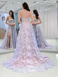 Charming Sweetheart Strapless Lace Appliques Lilac Prom Dresses with STI20404