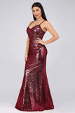 Sexy Spaghetti Straps Burgundy Sequins V Neck Party Dresses Mermaid Prom Dresses STI15358