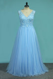 2024 A Line V Neck Tulle Prom Dresses With Applique And Beads PLZQ79SH