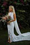 Charming Sheath Lace Bridal Gown with Slit Open Back Ivory Boho Wedding Dresses STI15124