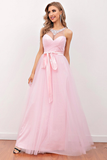 Pink Illusion Back Long Bridesmaid Dress