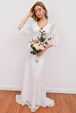 Elegant V Neck White Bridesmaid Dress with 3/4 Sleeves