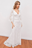 Elegant V Neck White Bridesmaid Dress with 3/4 Sleeves