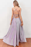 Lilac Deep V Neck Long Prom Dress with Cross Straps