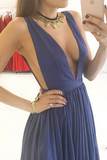 Simple Deep V-Neck Open Back Long Blue Prom Dress with Pockets