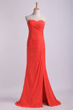 2024 Sheath/Column Prom Dresses Sweetheart Chiffon With Slit And Ruffles PABSZQGD