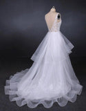 Elegant V-neck Tulle Open Back Wedding Dresses, Asymmetrical Long Bridal Dresses STI15217