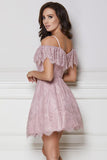 A-Line Cold Shoulder Purple Lace Homecoming Party Dress with Ruffles Prom Dresses STI14965