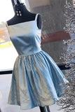 Shiny Blue Satin Beading Square Neck Sleeveless Homecoming Dress Knee Length PPH2ZNLD