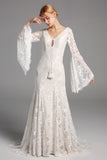 Chic Elegant Boho Lace Long Beach Wedding Dresses With Sleeves