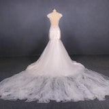 Charming Mermaid Tulle V-neck Wedding Dress, Sheer Back Long Bridal Dresses STI15112