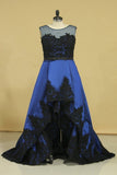 2024 Plus Size Asymmetrical Bateau Prom Dresses Taffeta With Applique And Sash Sweep Train Dark Royal P7LDTA3P