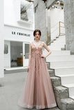 A Line V Neck Pink Beads Straps Prom Dresses Lace up, Long Dance STI20387