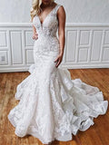 Stunning Mermaid Lace V Neck Backless Wedding Dresses Straps Wedding Gowns STI15438