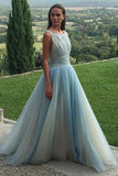 Simple Round Neck Sleeveless Tulle Party Dresses A Line Prom Dresses with Beading