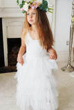 A Line Round Neck Tulle White Straps Flower Girl Dresses with Lace, Baby Dresses STI15021