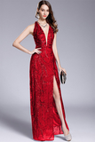 Sheath Long V-Neck Sequins Prom Dress with Split