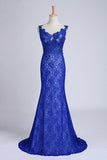 2024 Evening Dresses Bateau Mermaid With Deep V Shape Back Lace&Tulle Dark Royal PZ7783AA